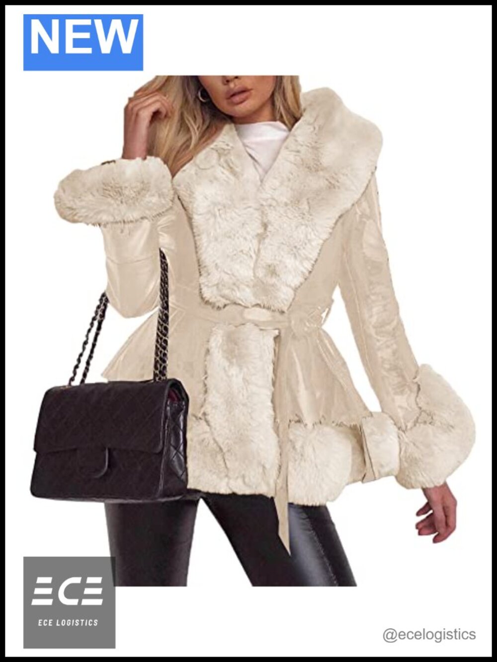 Faux Leather Parka Coat Fur Collar Belted Slim Fit Winter Outerwear